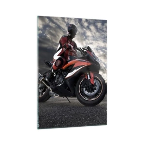 Cuadro sobre vidrio - Impresiones sobre Vidrio - Un motociclista en una motocicleta deportiva contra un cielo nublado. - 70x100cm - Motorista oscuro - Decoración de pared moderna para salón y dormitorio ARTTOR