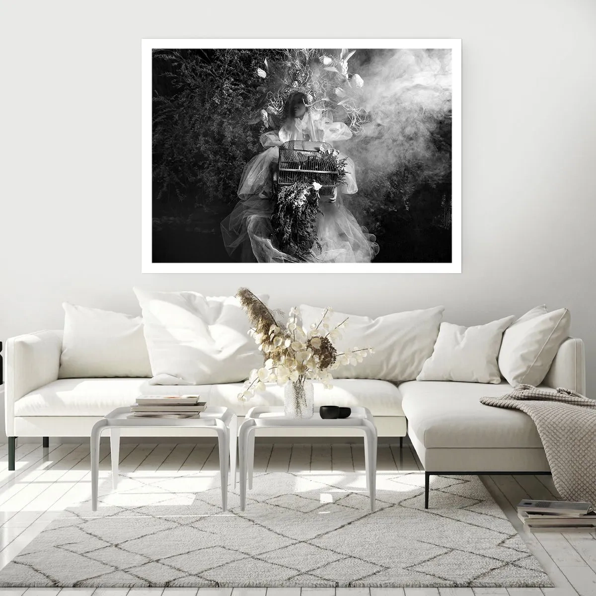 Póster - Una composición en blanco y negro con una figura con un vestido y una jaula en la niebla. - 100x70cm - La madre misma - La naturaleza - Decoración de pared moderna para salón y dormitorio ARTTOR