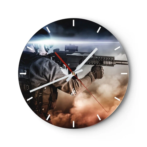 Reloj de pared - Reloj de vidrio - Un soldado con un rifle contra un fondo de humo y destellos de luz. - 30x30cm - Luchador - Decoración de pared moderna para salón, cocina y dormitorio ARTTOR