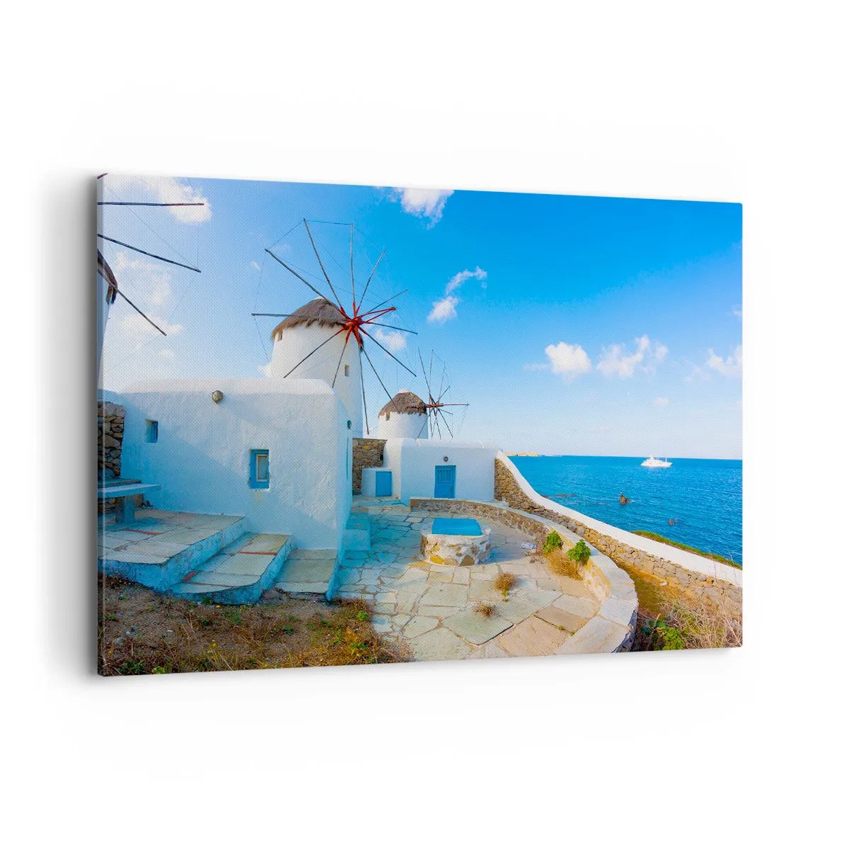 Cuadro sobre lienzo - Impresión de Imagen - Molinos de viento blancos en las orillas del mar azul - 120x80cm - Viento azul marino - Decoración de pared moderna para salón y dormitorio ARTTOR