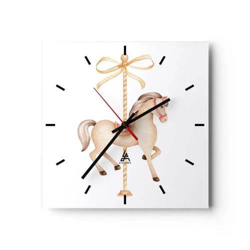 Reloj de pared - Reloj de vidrio - Un caballo de carrusel con un arco en delicados pasteles. - 30x30cm - Al trote grácil - Decoración de pared moderna para salón y dormitorio ARTTOR