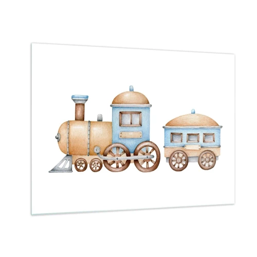 Cuadro sobre vidrio - Impresiones sobre Vidrio - Ilustración de un tren de vapor en tonos azules y beige sobre un fondo blanco. - 70x50cm - De pie en la estación... - Decoración de pared moderna para salón y dormitorio ARTTOR