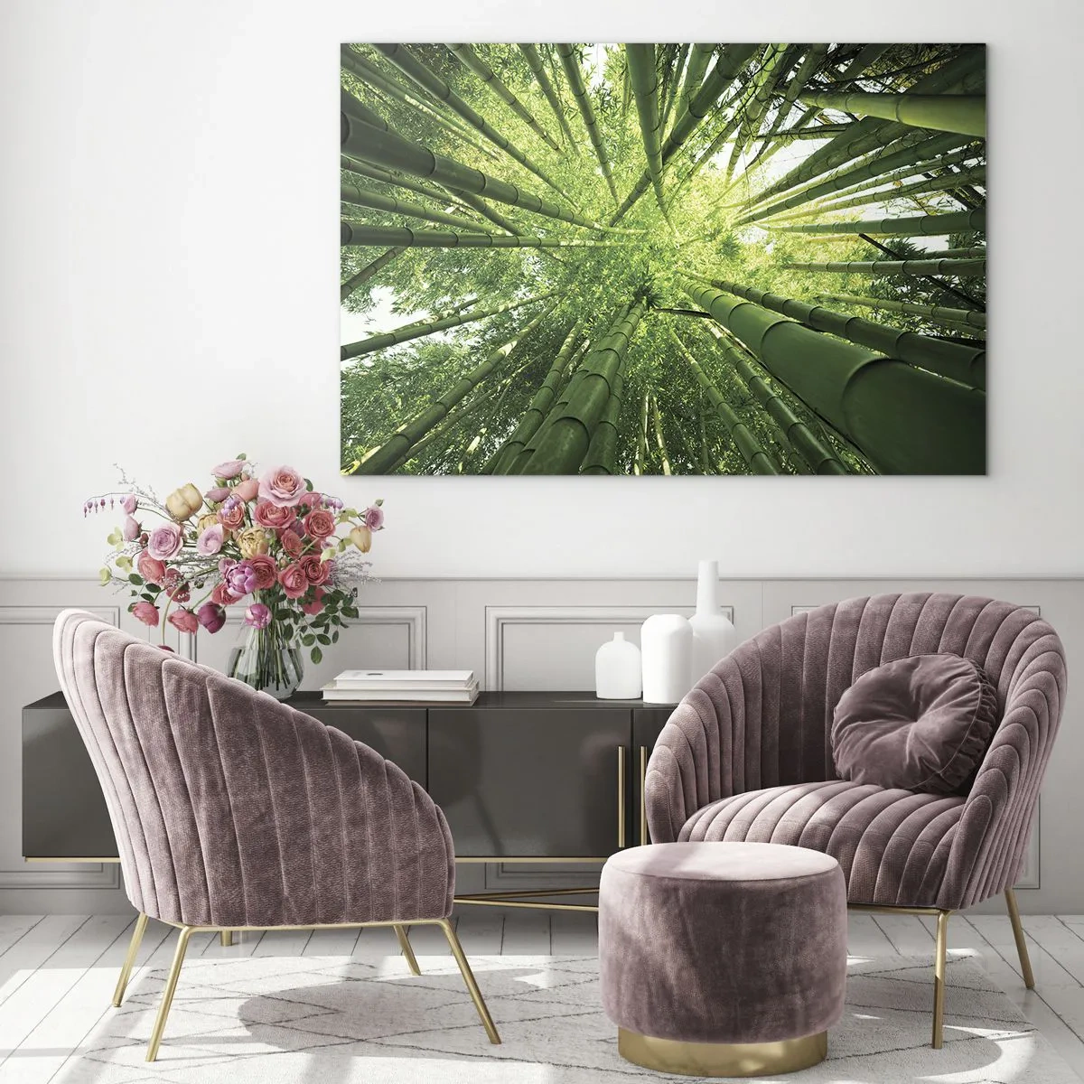 Cuadro sobre vidrio - Impresiones sobre Vidrio - Vista en perspectiva ascendente del bosque de bambú. - 70x50cm - En un bosquecillo de bambú - Decoración de pared moderna para salón y dormitorio ARTTOR