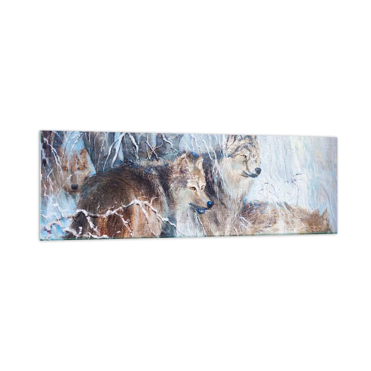 Cuadro sobre vidrio - Impresiones sobre Vidrio - Lobos en un bosque invernal con un fondo nevado - 160x50cm - ¡Cuidado! Aquí viene... - Decoración de pared moderna para salón y dormitorio ARTTOR