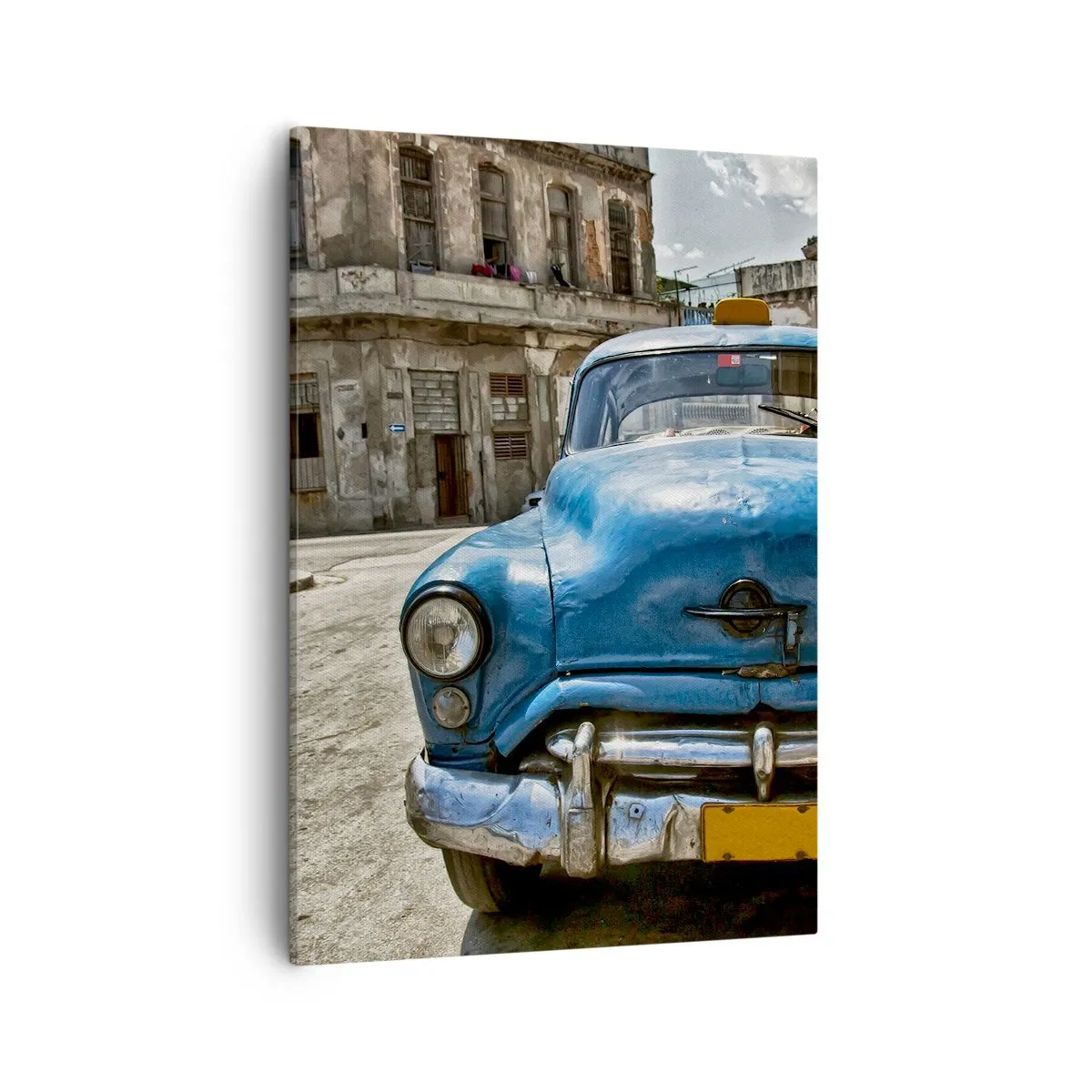 Cuadro sobre lienzo - Impresión de Imagen - Un viejo coche azul en la calle en estilo retro. - 50x70cm - Lo antiguo es hermoso - Decoración de pared moderna para salón y dormitorio ARTTOR