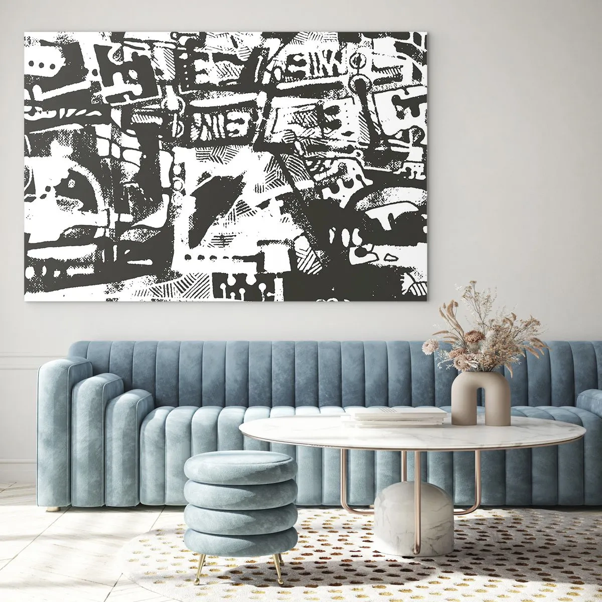 Cuadro sobre vidrio - Impresiones sobre Vidrio - Abstracción en blanco y negro con motivos geométricos y técnicos. - 70x50cm - ¿Orden o caos? - Decoración de pared moderna para salón y dormitorio ARTTOR