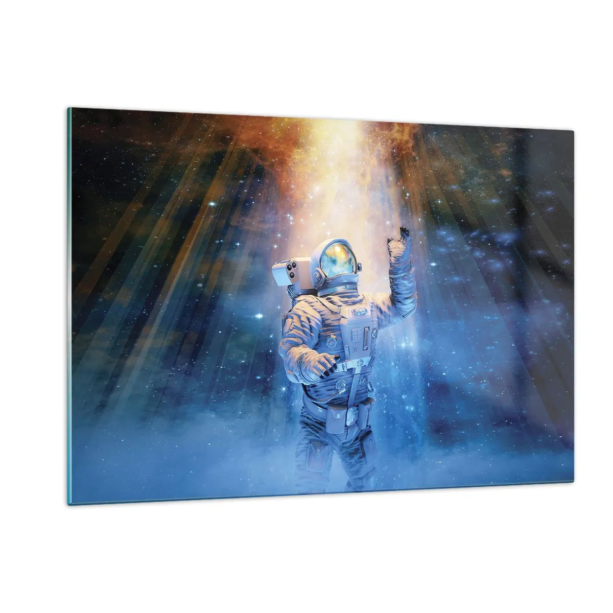 Cuadro sobre vidrio - Impresiones sobre Vidrio - Un astronauta en el espacio iluminado por rayos de luz. - 120x80cm - El descubrimiento - Decoración de pared moderna para salón y dormitorio ARTTOR