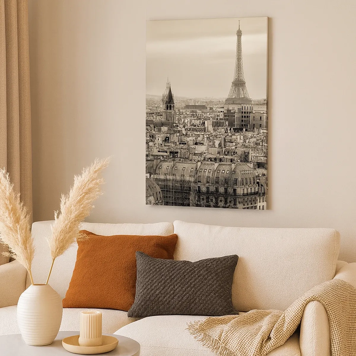 Cuadro sobre lienzo - Impresión de Imagen - Panorama de París con la Torre Eiffel en tonos sepia - 50x70cm - Sobre los tejados de París - Decoración de pared moderna para salón y dormitorio ARTTOR