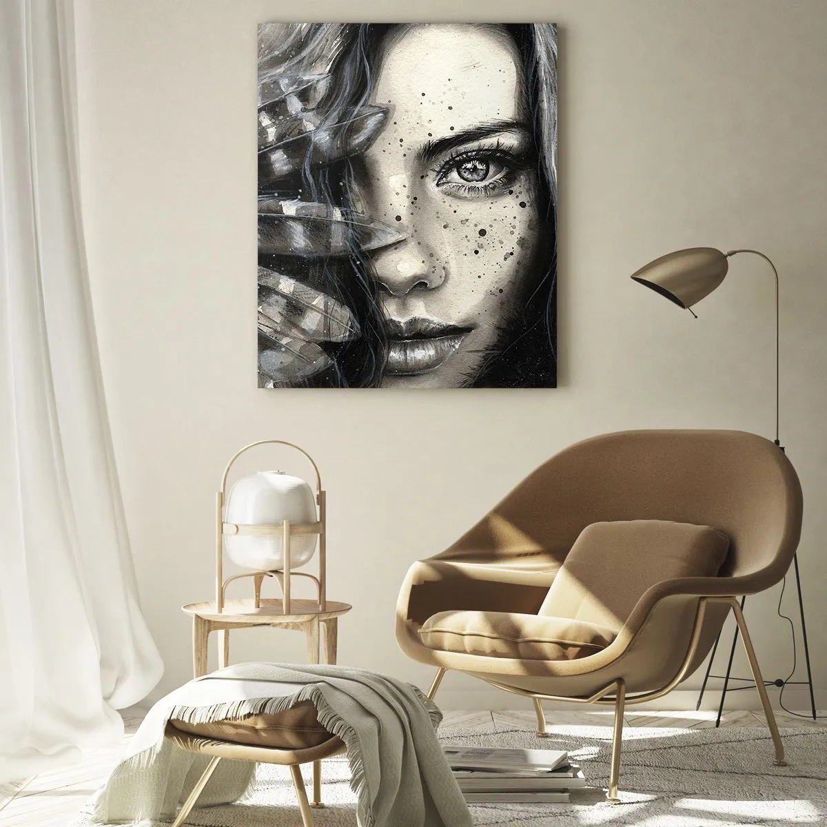 Cuadro sobre vidrio - Impresiones sobre Vidrio - Retrato de una mujer con plumas y detalles abstractos. - 50x70cm - Belleza salvaje - Decoración de pared moderna para salón y dormitorio ARTTOR