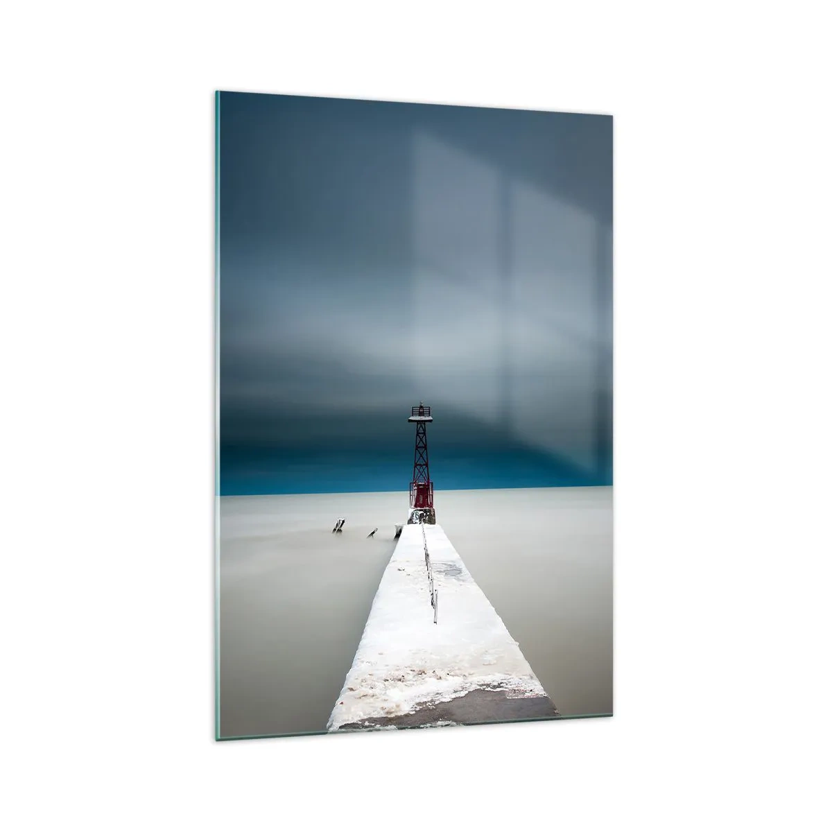 Cuadro sobre vidrio - Impresiones sobre Vidrio - Un faro al final de un muelle de hormigón en un paisaje desolado - 70x100cm - Encuentro con la inmensidad - Decoración de pared moderna para salón y dormitorio ARTTOR