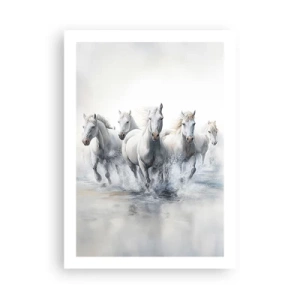 Póster - Caballos blancos galopando a través del agua en un entorno dinámico - 50x70cm - Magia blanca - Decoración de pared moderna para salón y dormitorio ARTTOR