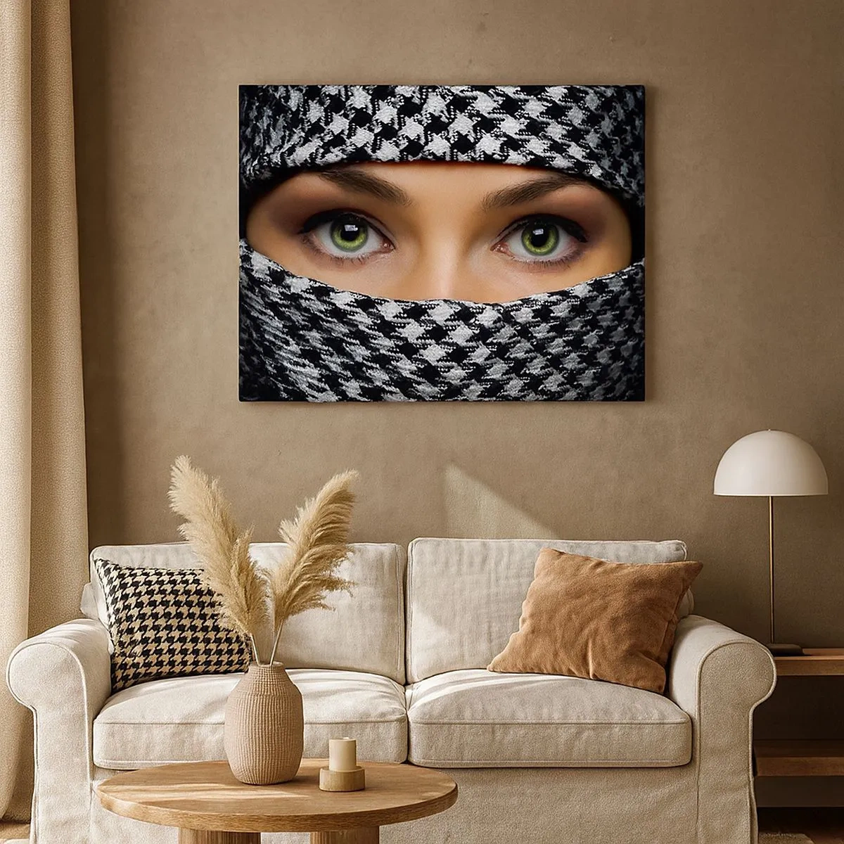 Cuadro sobre lienzo - Impresión de Imagen - Los ojos verdes de una mujer están ocultos tras una tela estampada en blanco y negro. - 70x50cm - Hermosa mirada de ojos verdes - Decoración de pared moderna para salón y dormitorio ARTTOR