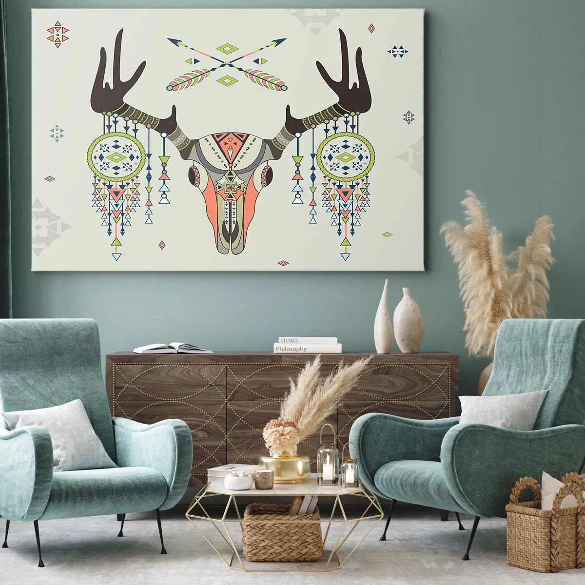 Cuadro sobre lienzo - Impresión de Imagen - Decoración boho con calavera de ciervo y atrapasueños - 70x50cm - Trofeo de cazador indio - Decoración de pared moderna para salón y dormitorio ARTTOR