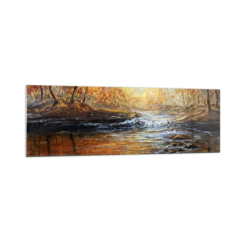 Cuadro sobre vidrio - Impresiones sobre Vidrio - Paisaje otoñal con un río entre los árboles. - 160x50cm - Arroyo de oro - Decoración de pared moderna para salón y dormitorio ARTTOR