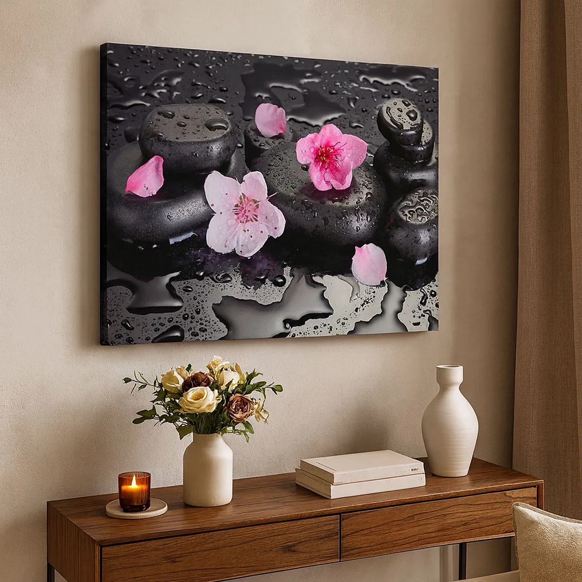 Cuadro sobre lienzo - Impresión de Imagen - Piedras negras y flores rosas estilo spa - 70x50cm - Y una piedra cae del corazón - Decoración de pared moderna para salón y dormitorio ARTTOR