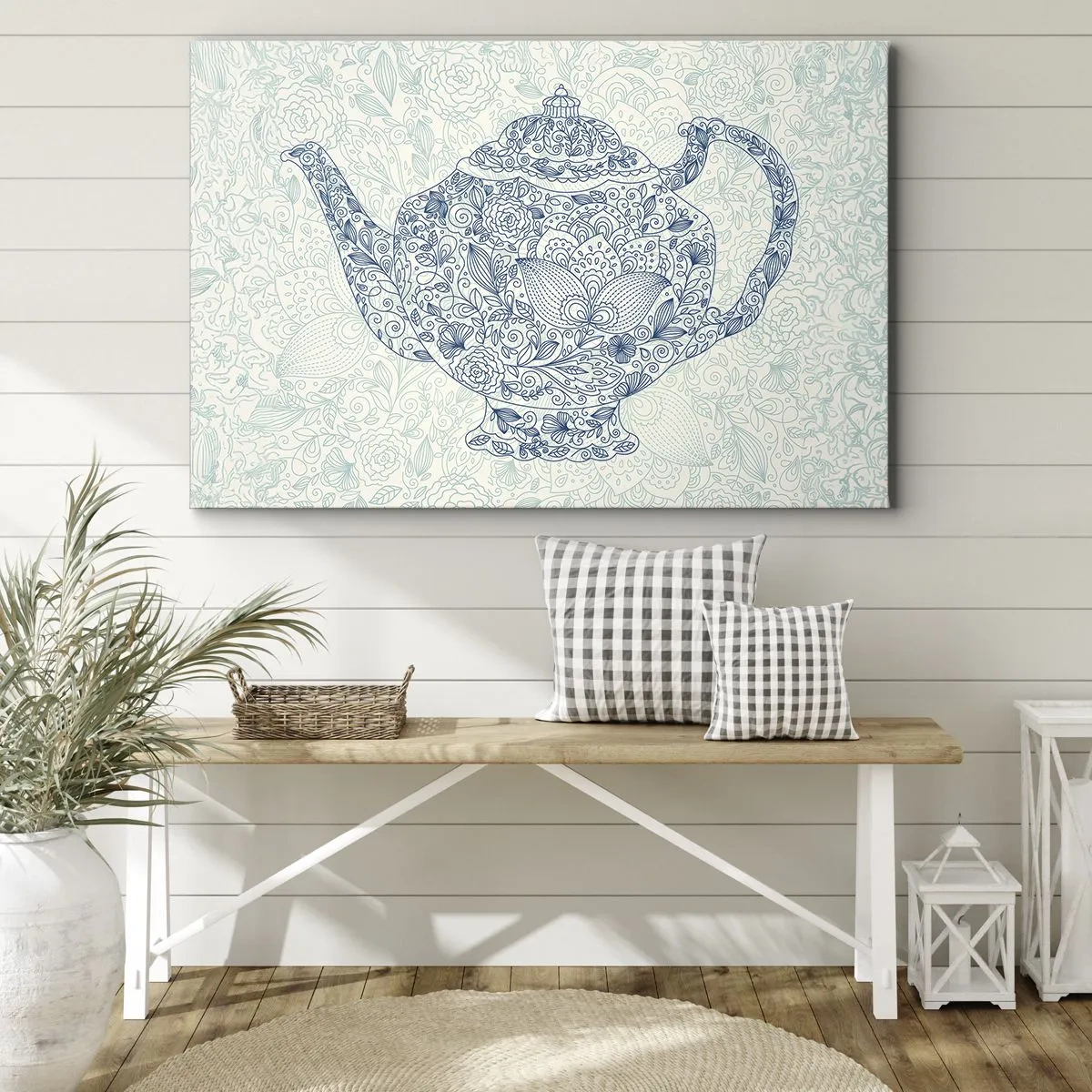 Cuadro sobre lienzo - Impresión de Imagen - Dibujo decorativo de una tetera con adornos azules. - 70x50cm - El encanto del té - Decoración de pared moderna para salón y dormitorio ARTTOR