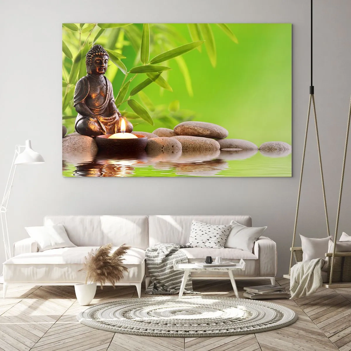 Cuadro sobre vidrio - Impresiones sobre Vidrio - Una figura de Buda con una vela encendida en un entorno verde. - 70x50cm - La vida es bella - Decoración de pared moderna para salón y dormitorio ARTTOR