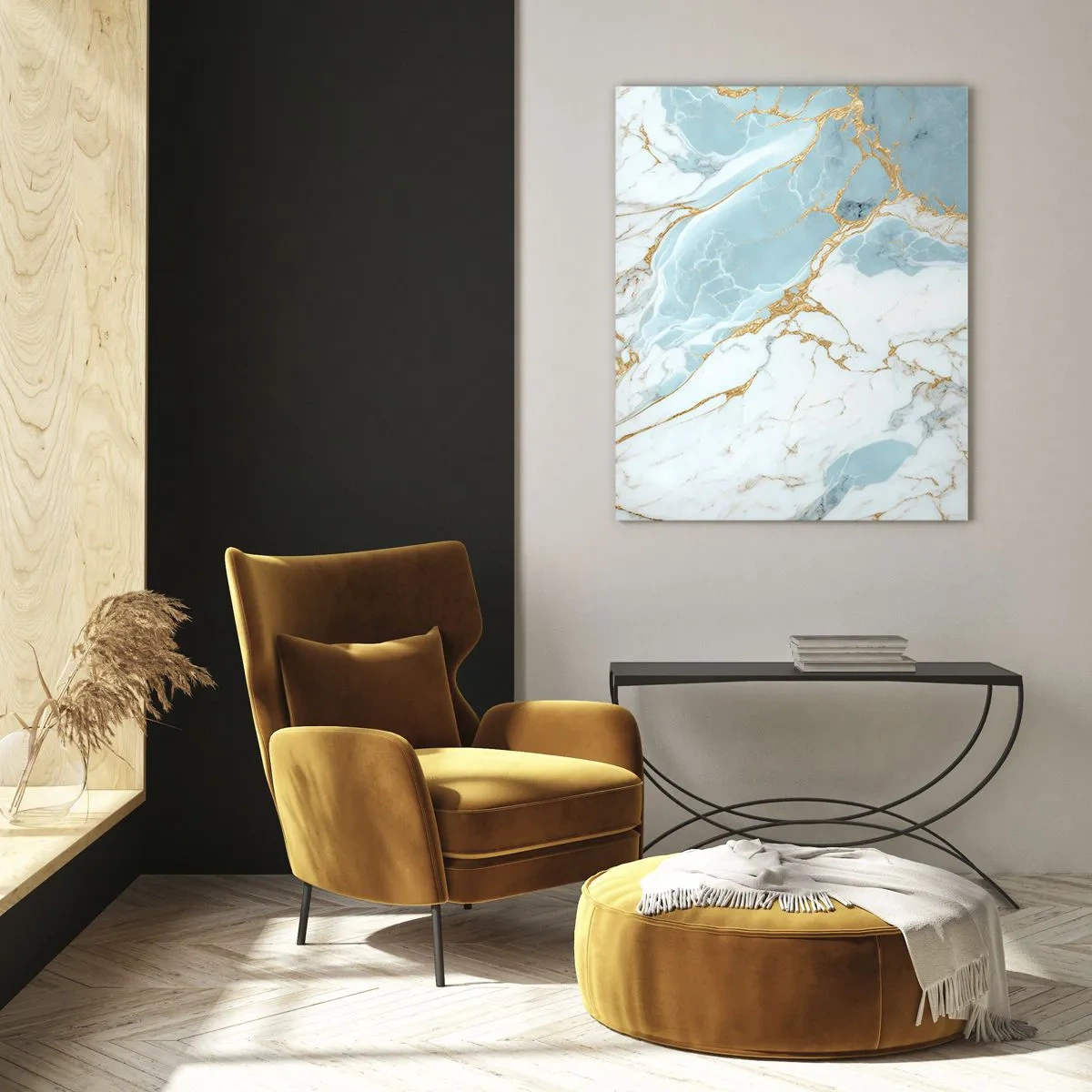 Cuadro sobre vidrio - Impresiones sobre Vidrio - Mármol abstracto en tonos azules y dorados. - 50x70cm - Riqueza en la piedra - Decoración de pared moderna para salón y dormitorio ARTTOR