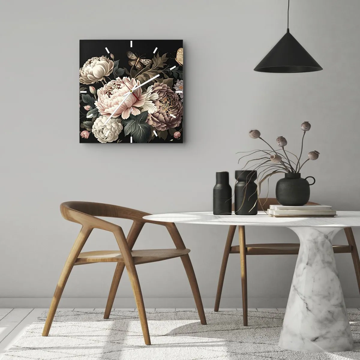 Reloj de pared - Reloj de vidrio - Un ramo de flores rosas y mariposas sobre un fondo negro. - 30x30cm - En estilo barroco - Decoración de pared moderna para salón y dormitorio ARTTOR