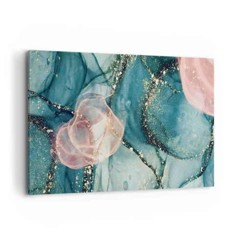 Cuadro sobre lienzo - Impresión de Imagen - Una composición abstracta en tonos turquesa y dorado. - 120x80cm - Seda azul, tul rosa - Decoración de pared moderna para salón y dormitorio ARTTOR