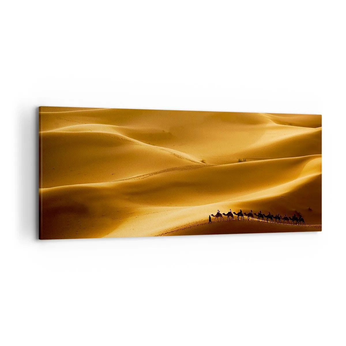 Cuadro sobre lienzo - Impresión de Imagen - Una caravana de camellos vagando por las dunas doradas del desierto. - 120x50cm - Caravana sobre las olas del desierto - Decoración de pared moderna para salón y dormitorio ARTTOR