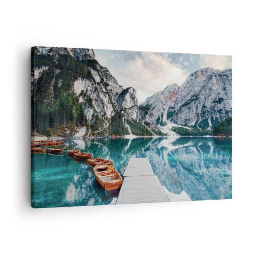 Cuadro sobre lienzo - Impresión de Imagen - Un lago con barcos rodeado de montañas. - 70x50cm - Te mostraremos la fuente de la belleza - Decoración de pared moderna para salón y dormitorio ARTTOR