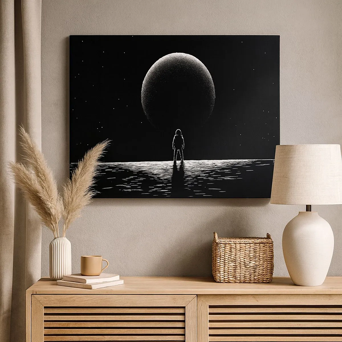Cuadro sobre lienzo - Impresión de Imagen - Un astronauta con el telón de fondo de un gran planeta en el espacio exterior. - 70x50cm - Cara a cara - Decoración de pared moderna para salón y dormitorio ARTTOR