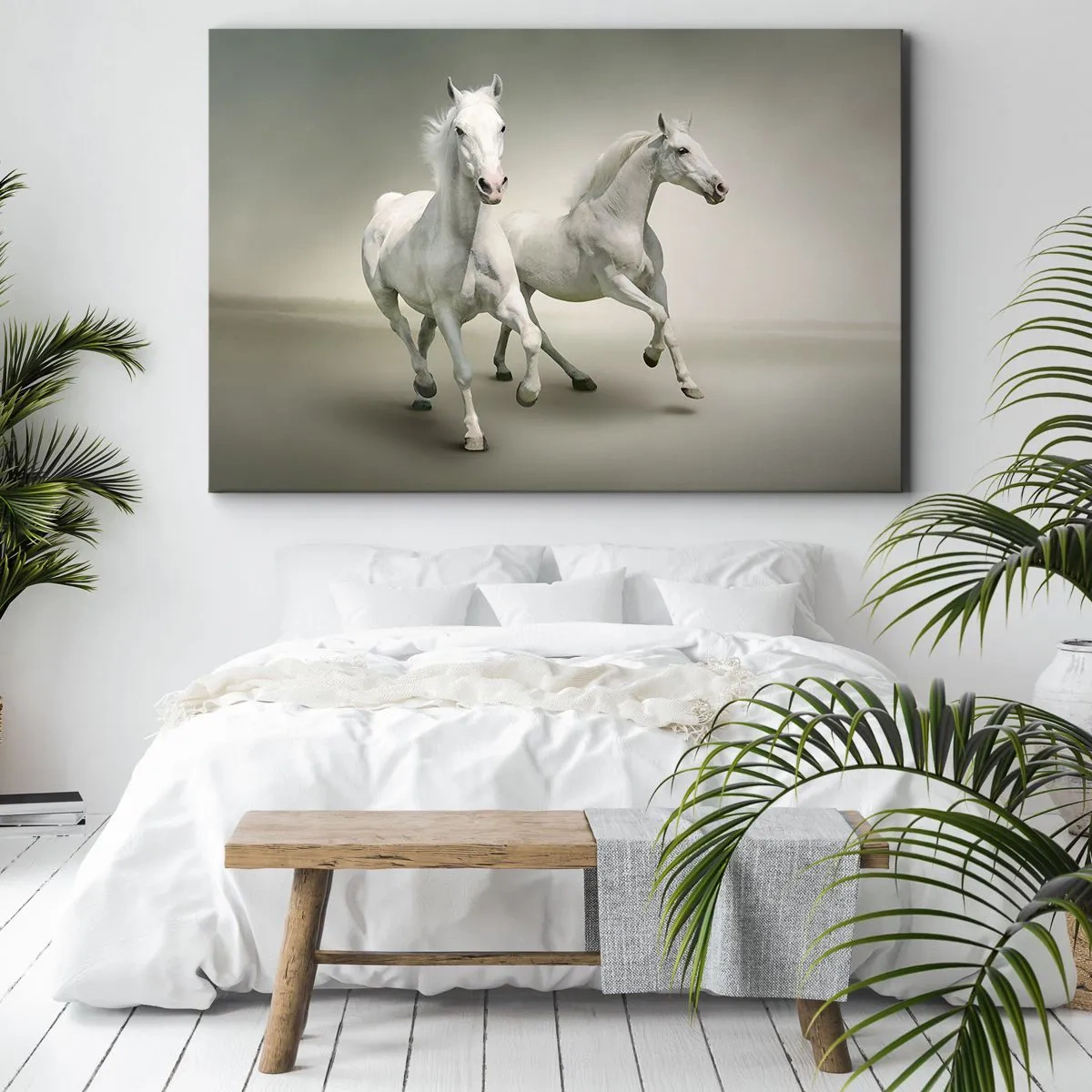 Cuadro sobre lienzo - Impresión de Imagen - Dos caballos blancos galopando sobre un fondo claro - 70x50cm - ¡Poder blanco! - Decoración de pared moderna para salón y dormitorio ARTTOR