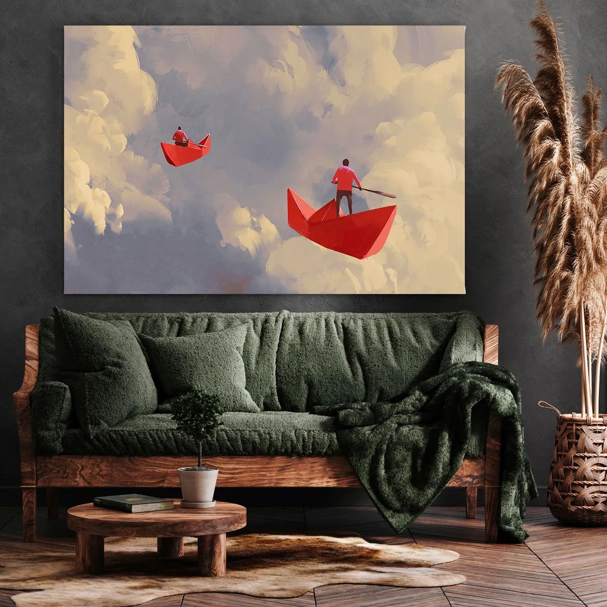 Cuadro sobre lienzo - Impresión de Imagen - Barquitos de papel rojos flotando en las nubes - 70x50cm - El viaje de un soñador - Decoración de pared moderna para salón y dormitorio ARTTOR