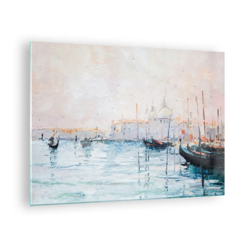 Cuadro sobre vidrio - Impresiones sobre Vidrio - Paisaje impresionista con barcos y edificios. - 70x50cm - Más allá del agua, más allá de la niebla - Decoración de pared moderna para salón y dormitorio ARTTOR