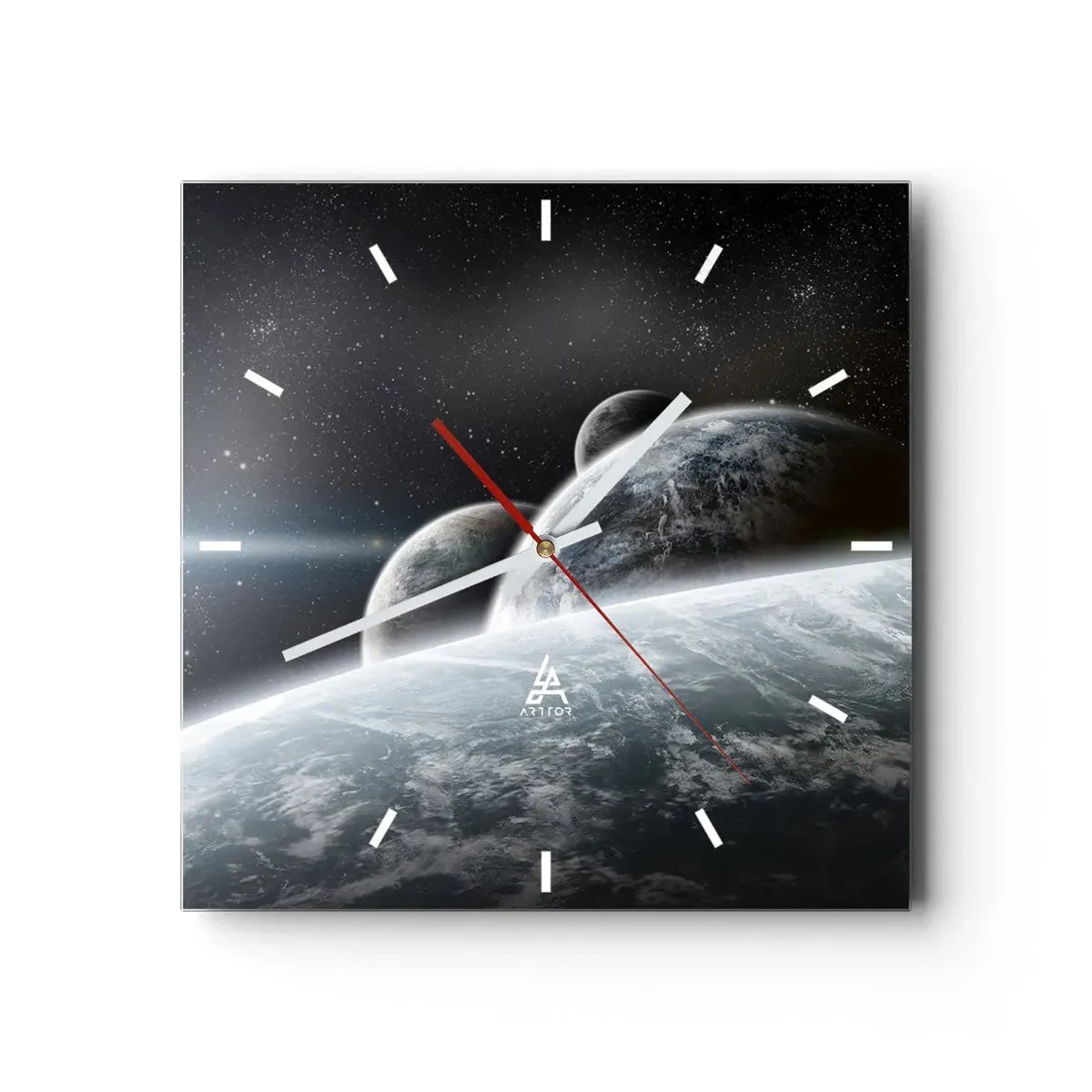 Reloj de pared - Reloj de vidrio - Planetas en el espacio contra el fondo de estrellas y galaxias. - 30x30cm - Música cósmica de las esferas - Decoración de pared moderna para salón y dormitorio ARTTOR