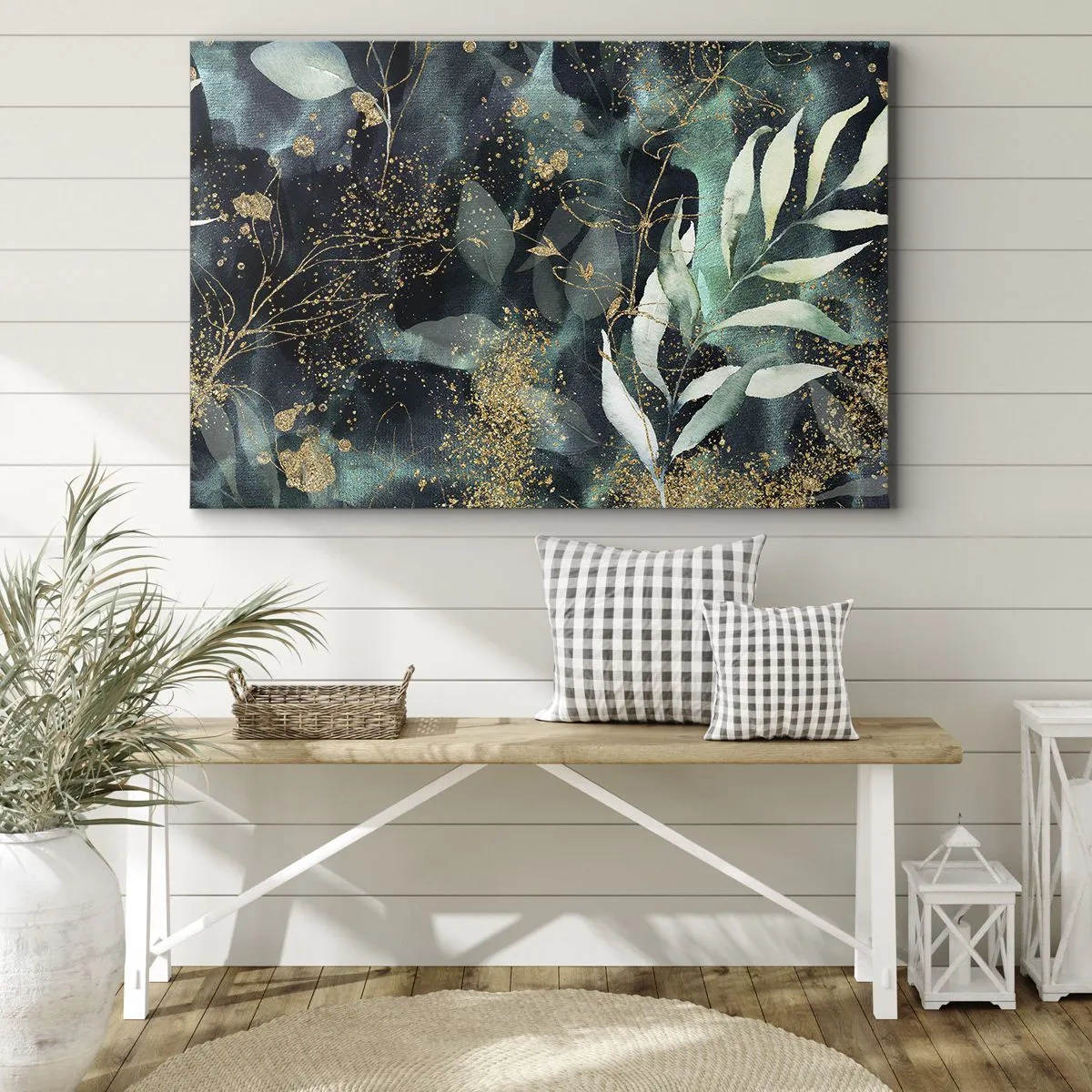 Cuadro sobre lienzo - Impresión de Imagen - Hojas elegantes sobre un fondo oscuro con acentos dorados. - 70x50cm - Jardín encantado - Decoración de pared moderna para salón y dormitorio ARTTOR