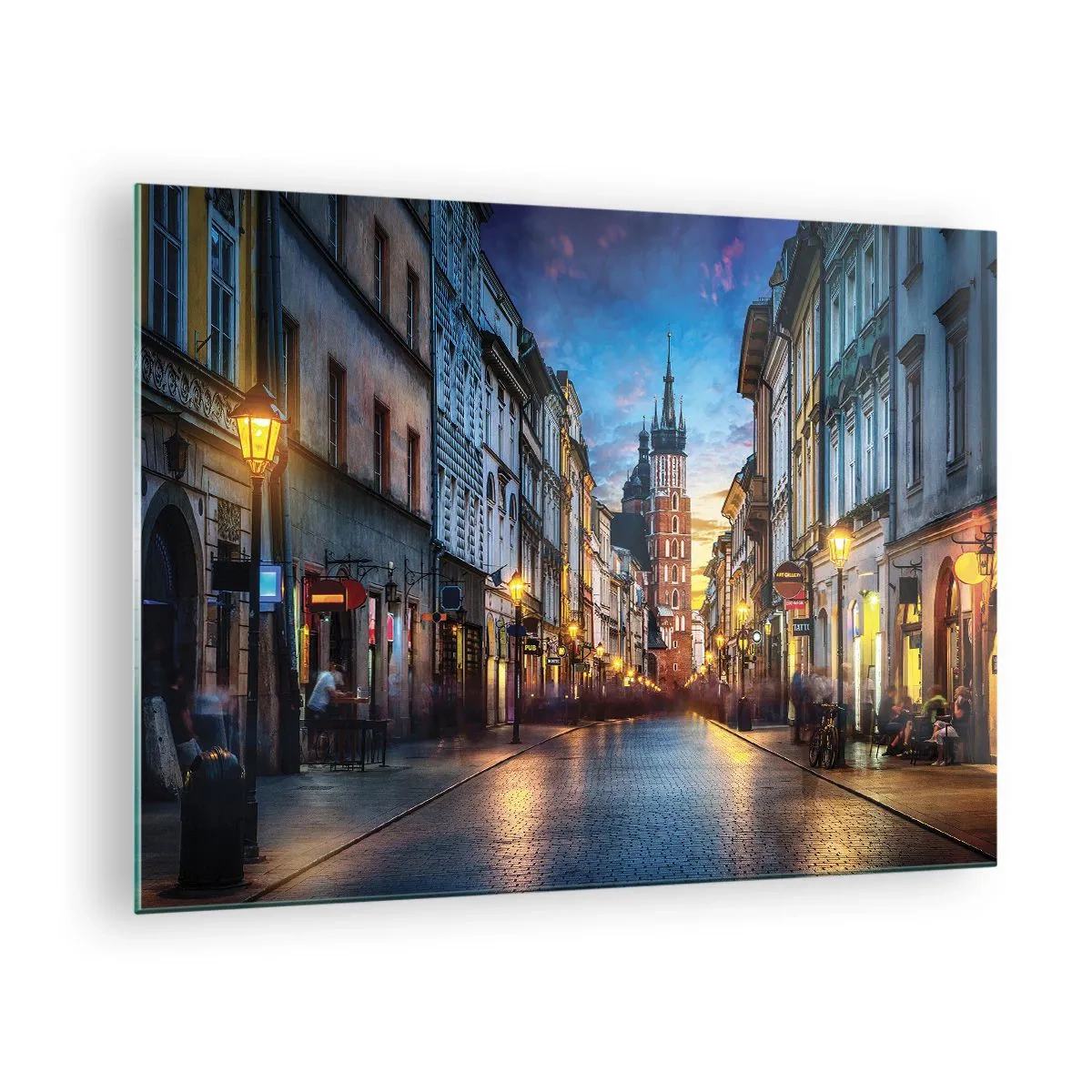 Cuadro sobre vidrio - Impresiones sobre Vidrio - Vista nocturna del casco antiguo con la iglesia al fondo. - 70x50cm - El encanto de Cracovia - Decoración de pared moderna para salón y dormitorio ARTTOR