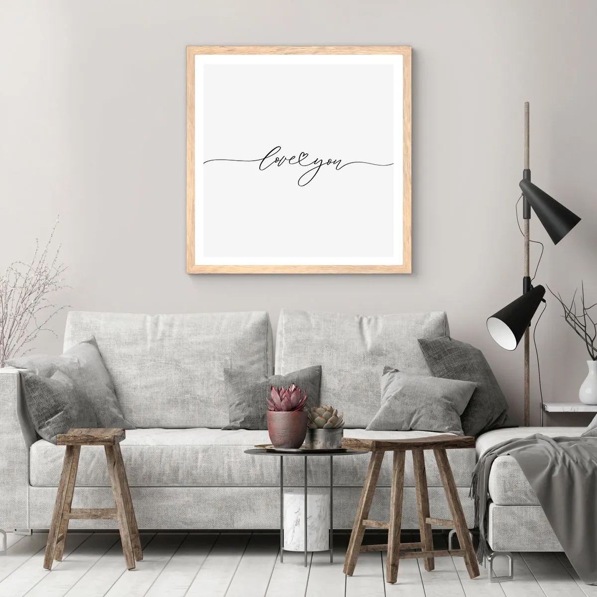 Póster en marco roble claro - Negro sobre blanco - 50x50 cm