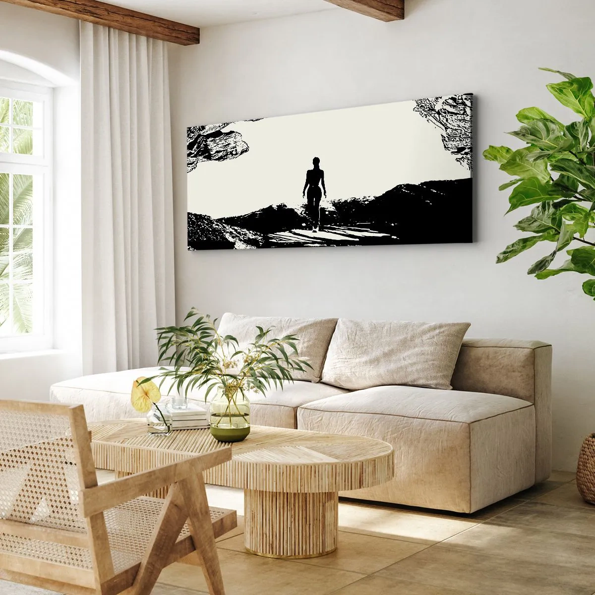 Cuadro sobre lienzo - Impresión de Imagen - Silueta en blanco y negro de una mujer en una cueva contra el cielo - 160x50cm - Una nueva mirada - Decoración de pared moderna para salón y dormitorio ARTTOR
