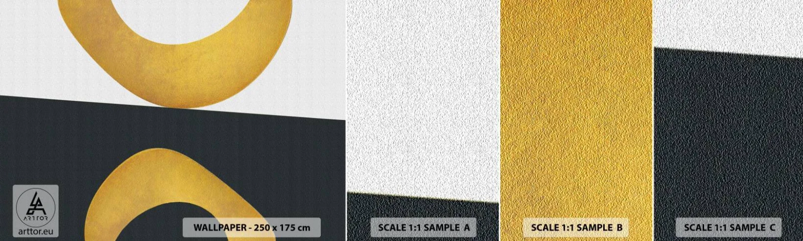 Muestra De Fotomural Standard Eco - Blanco, negro, dorado - Abstracción, formas, Ruedas - 100x30 cm