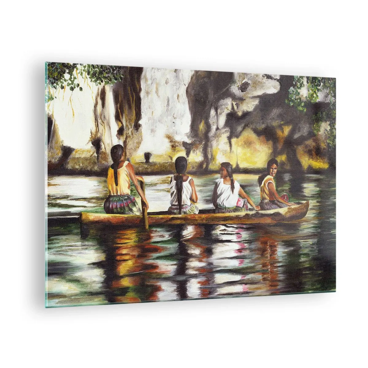 Cuadro sobre vidrio - Impresiones sobre Vidrio - Mujeres en un barco con el telón de fondo de pintorescas rocas y agua. - 70x50cm - En un paraíso polinesio - Decoración de pared moderna para salón y dormitorio ARTTOR