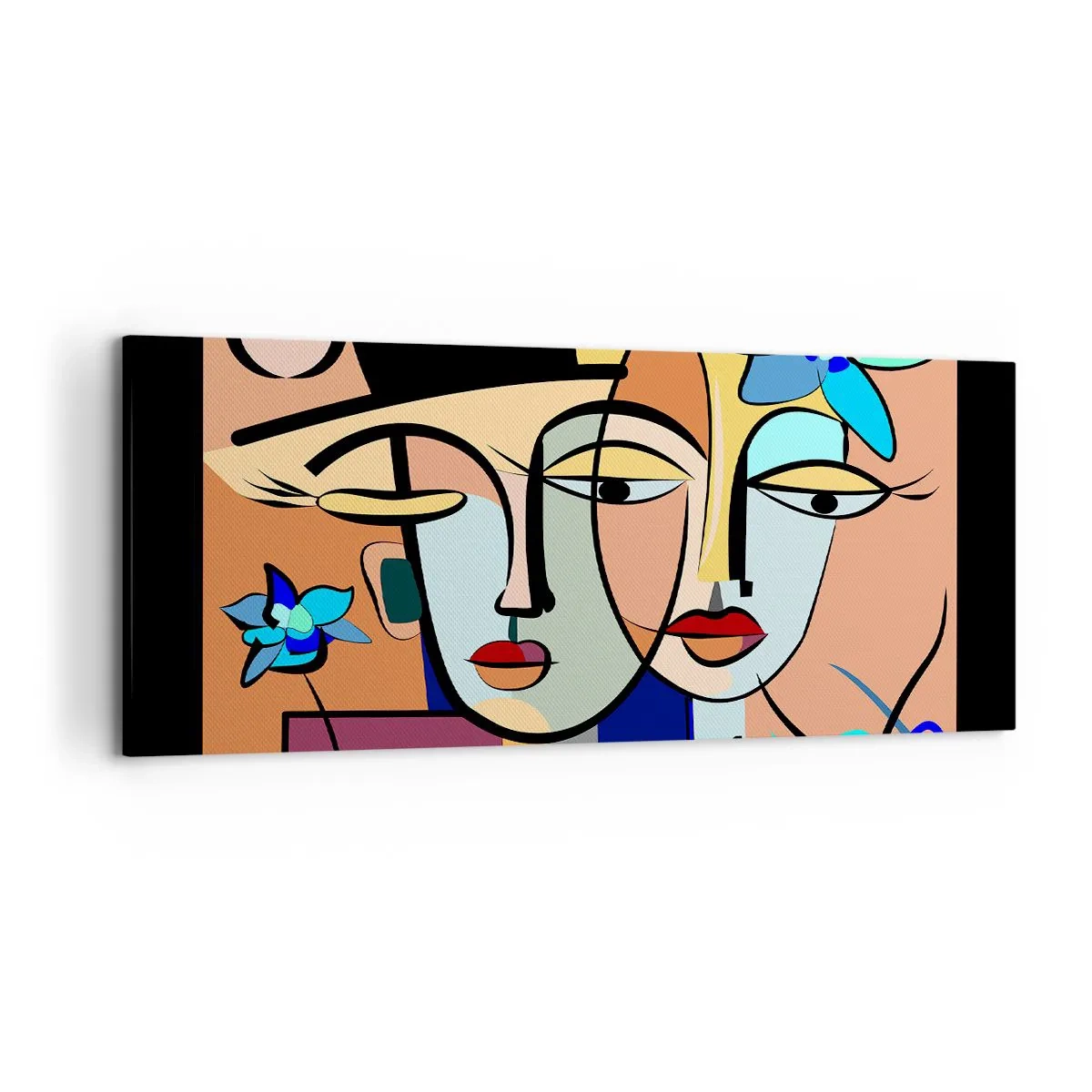 Cuadro sobre lienzo - Impresión de Imagen - Retratos cubistas en colores vibrantes con motivo floral. - 120x50cm - Randez vous de Picasso - Decoración de pared moderna para salón y dormitorio ARTTOR