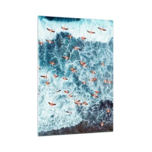 Cuadro sobre vidrio - Impresiones sobre Vidrio - Flamencos rosados sobre las agitadas olas del océano - 50x70cm - Un desfile marítimo - Decoración de pared moderna para salón y dormitorio ARTTOR