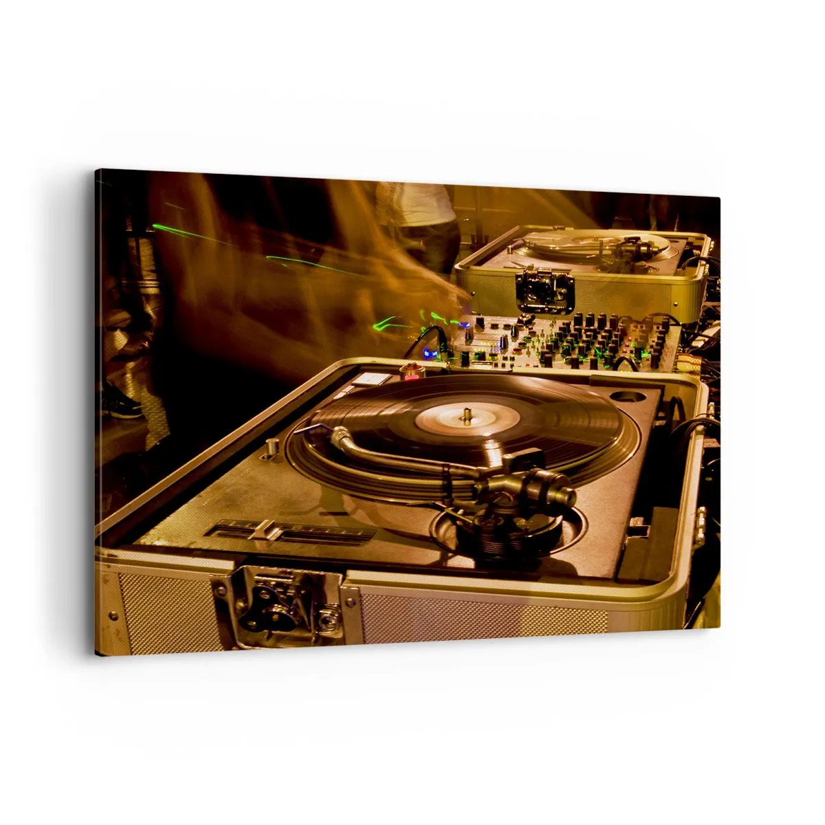 Cuadro sobre lienzo - Impresión de Imagen - Equipo de DJ con plato giratorio y mezclador durante una fiesta - 100x70cm - ¿Puedes sentir el poder? - Decoración de pared moderna para salón y dormitorio ARTTOR