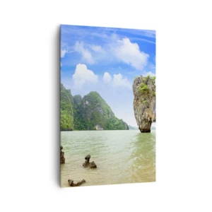 Cuadro sobre lienzo - Impresión de Imagen - Una formación rocosa exótica rodeada de agua y vegetación bajo un cielo azul. - 80x120cm - Las maravillas rocosas de la naturaleza - Decoración de pared moderna para salón y dormitorio ARTTOR