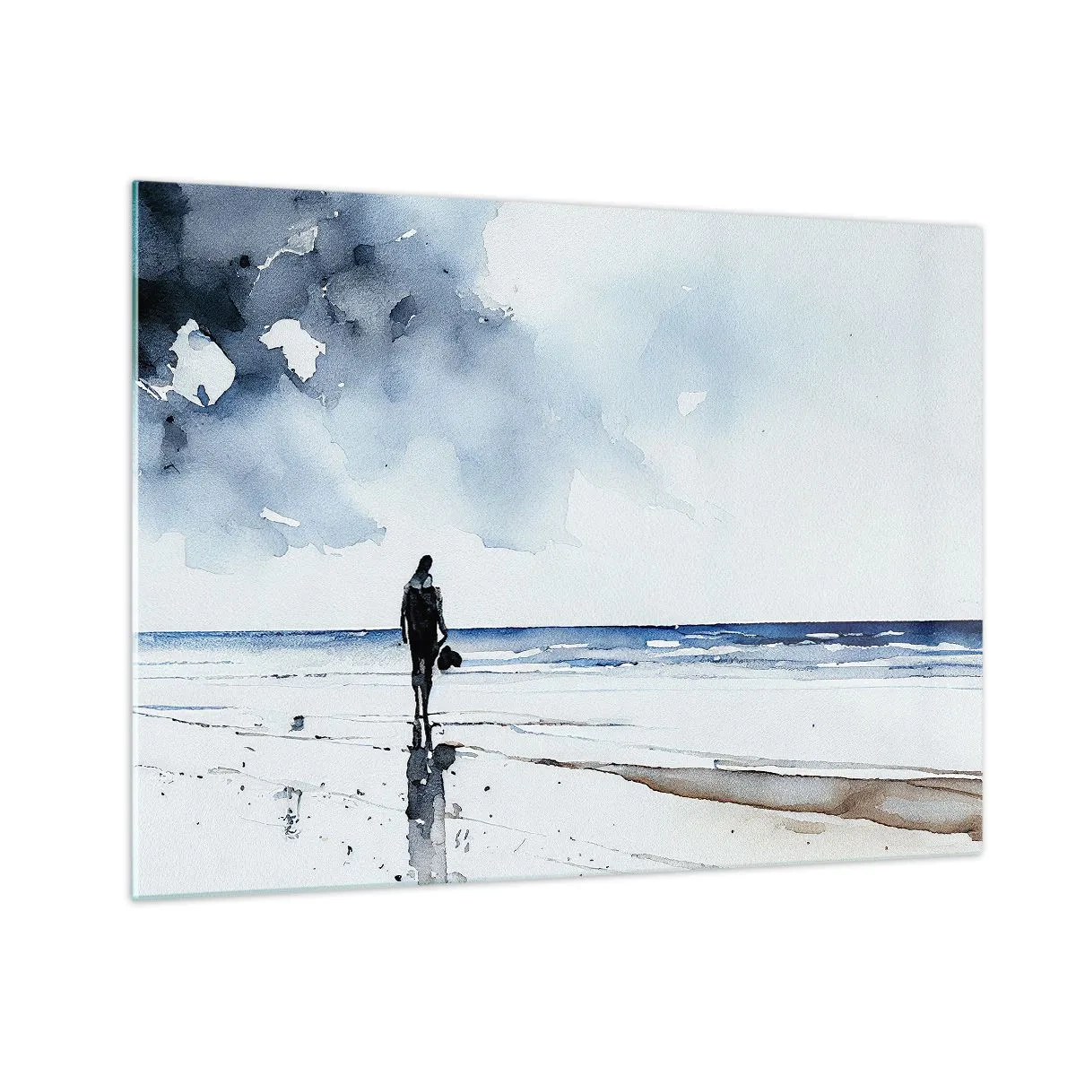 Cuadro sobre vidrio - Impresiones sobre Vidrio - Silueta de una persona en la orilla del mar en delicada acuarela - 70x50cm - Conversación con el mar - Decoración de pared moderna para salón y dormitorio ARTTOR