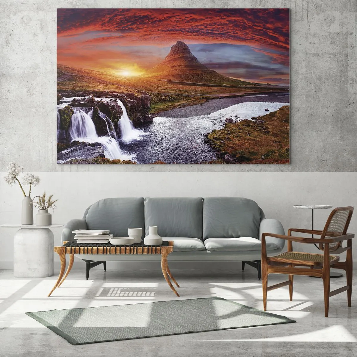 Cuadro sobre vidrio - Impresiones sobre Vidrio - Paisaje de montaña con cascada y puesta de sol - 120x80cm - Una vista de la Tierra Media - Decoración de pared moderna para salón y dormitorio ARTTOR