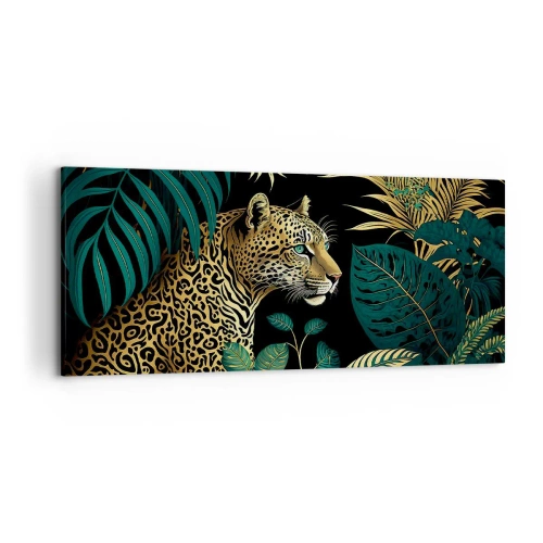 Cuadro sobre lienzo - Impresión de Imagen - Leopardo en hojas tropicales sobre un fondo negro - 120x50cm - El anfitrión en la jungla - Decoración de pared moderna para salón y dormitorio ARTTOR
