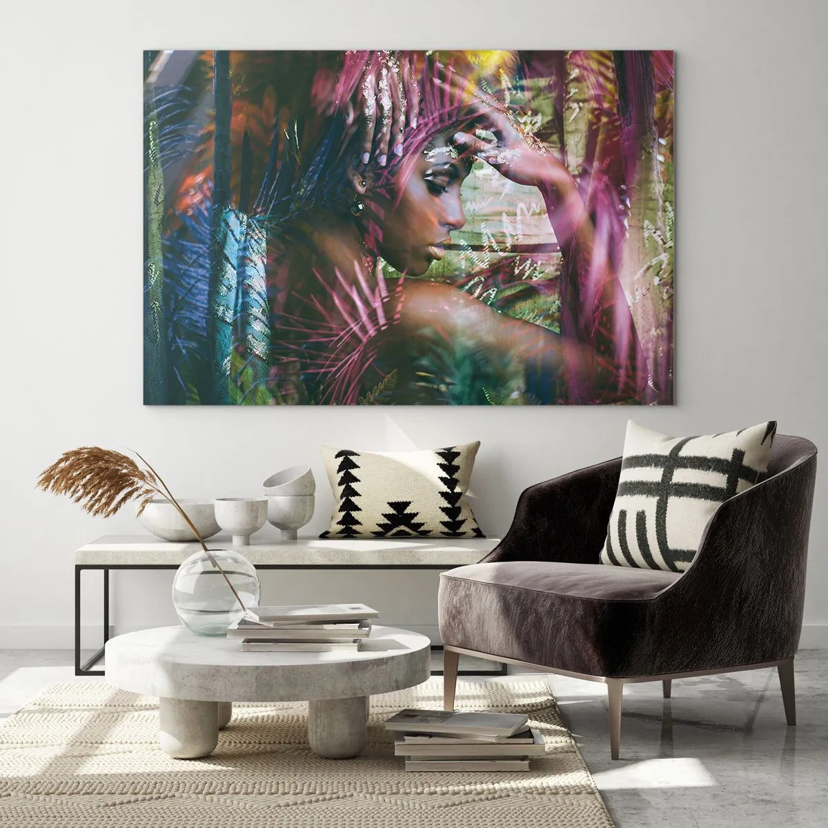 Cuadro sobre vidrio - Impresiones sobre Vidrio - Retrato de una mujer entre hojas tropicales y reflejos de luz. - 100x70cm - La madre naturaleza en la selva - Decoración de pared moderna para salón y dormitorio ARTTOR