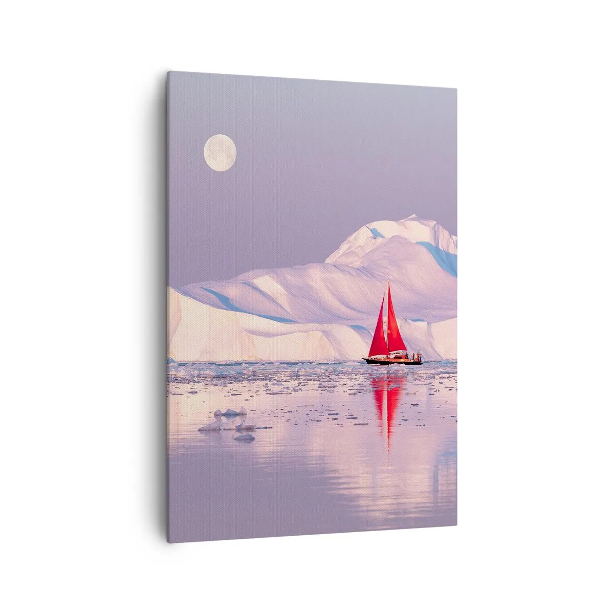 Cuadro sobre lienzo - Impresión de Imagen - Una vela roja con el telón de fondo de montañas heladas y una luna llena. - 70x100cm - El calor de la vela, el frío del hielo - Decoración de pared moderna para salón y dormitorio ARTTOR
