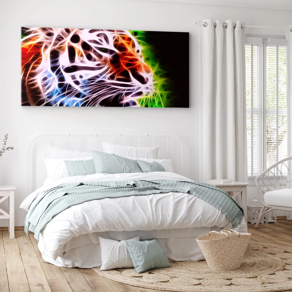 Cuadro sobre lienzo - Impresión de Imagen - Retrato artístico colorido de un tigre en estilo neón sobre fondo negro. - 120x50cm - Un aura amenazante - Decoración de pared moderna para salón y dormitorio ARTTOR