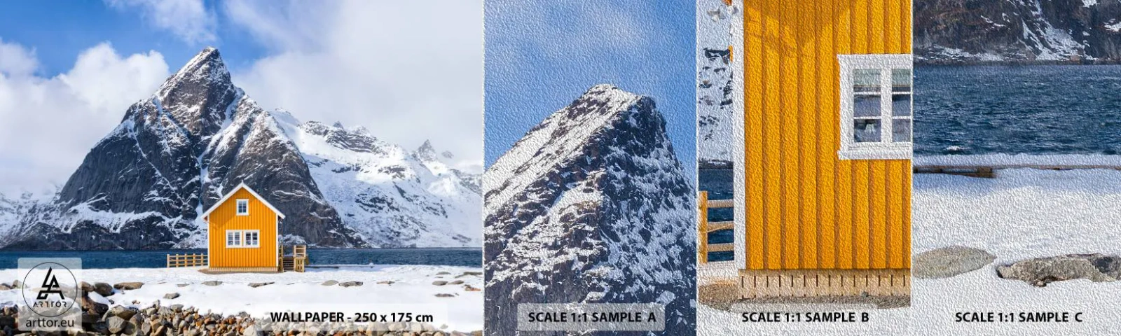 Muestra de fotomural Premium Sand - Vacaciones escandinavas - Invierno, Alpes, Montañas - 100x30 cm