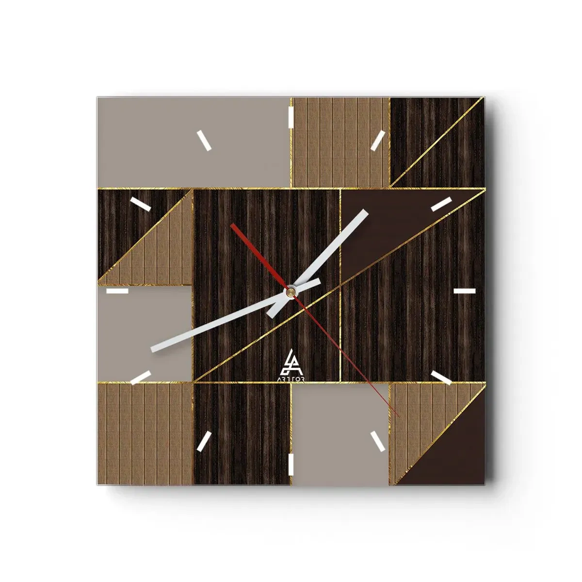 Reloj de pared - Reloj de vidrio - Patrones geométricos en tonos marrones con líneas doradas. - 30x30cm - Un mosaico de marrones y dorados - Decoración de pared moderna para salón y dormitorio ARTTOR