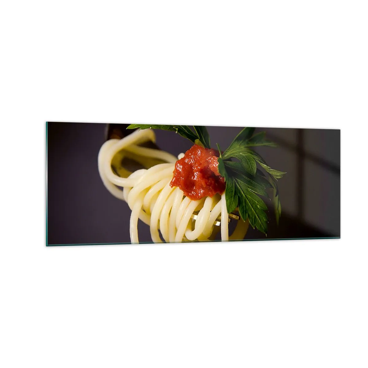 Cuadro sobre vidrio - Impresiones sobre Vidrio - Pasta espaguetis al tenedor con salsa de tomate y perejil - 140x50cm - Un sabroso bocado - Decoración de pared moderna para salón y dormitorio ARTTOR